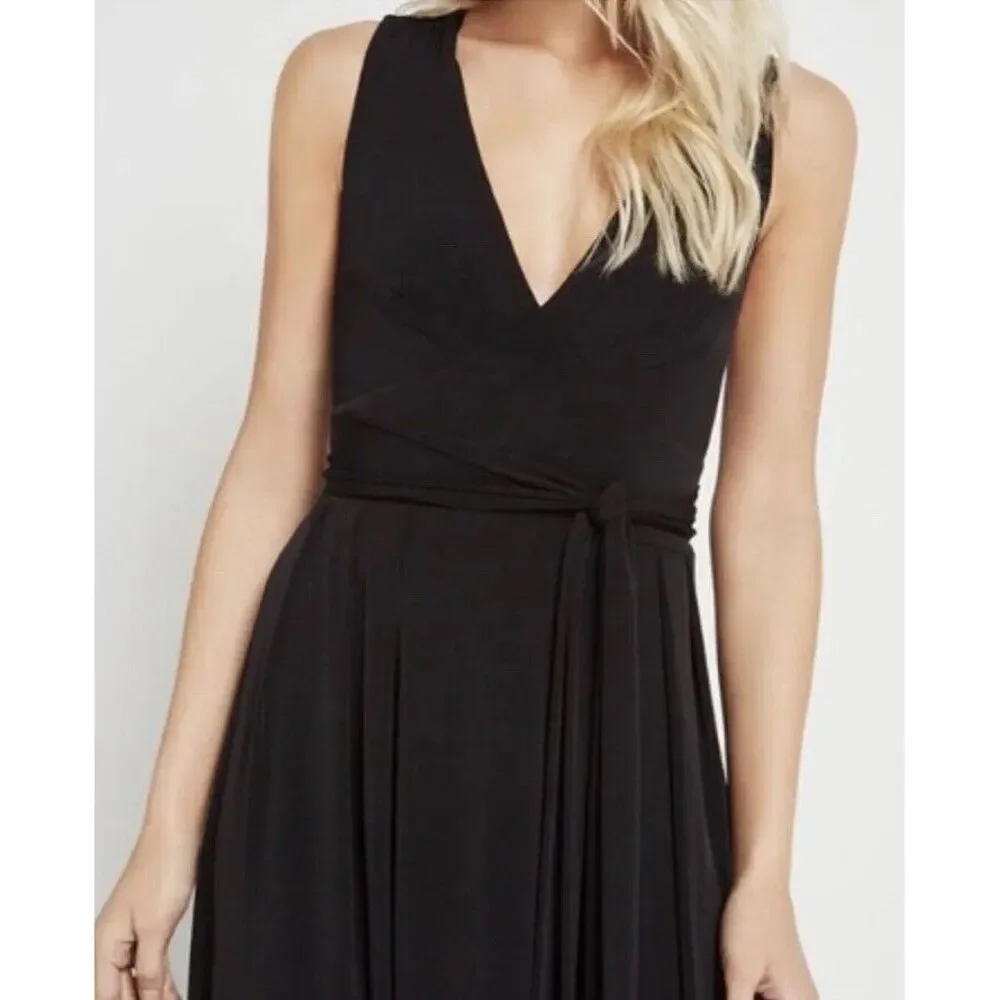 BCBGeneration V Neck Belted Black Maxi‎ Dress XS Front Slit Open Back 58